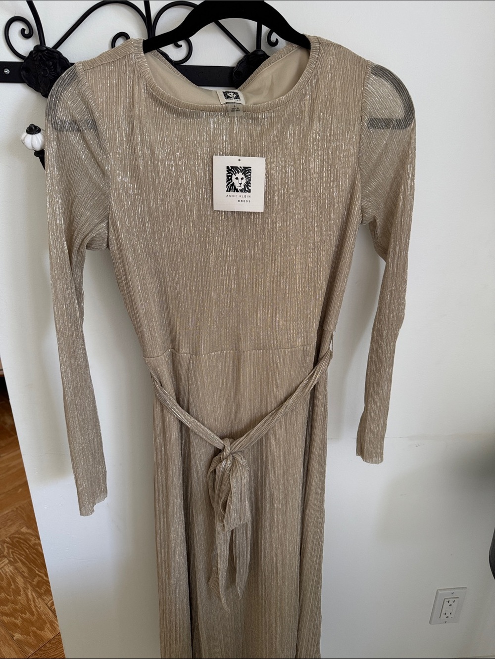 Anne Klein Metallic Gold Long Sleeve Maxi Dress Womens Size Small